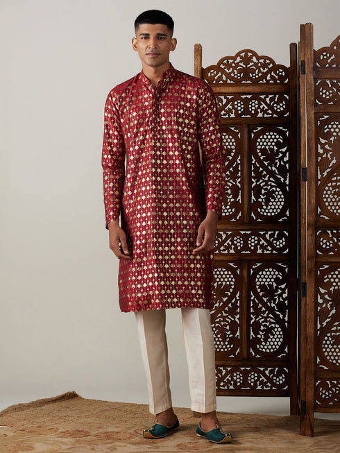 Vastramay Men's Maroon Foil Printed Kurta With Cream Pant Style Pyjama Set