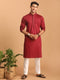 Vastramay Men's Maroon Cotton Blend Solid Kurta with White Pant Set