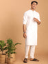 Vastramay Men's White Cotton Blend Solid Kurta with White Pant Set