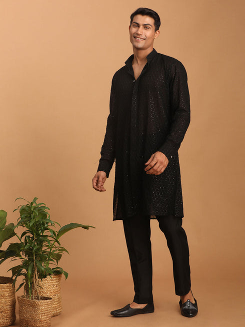 Vastramay Men's Black Sequined Front Open Georgette Kurta With Pant