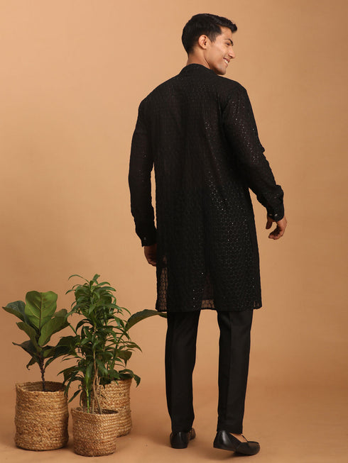 Vastramay Men's Black Sequined Front Open Georgette Kurta With Pant