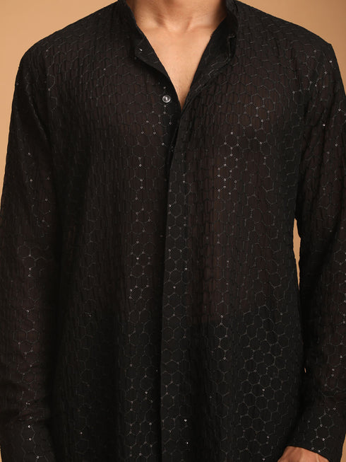 Vastramay Men's Black Sequined Front Open Georgette Kurta With Pant