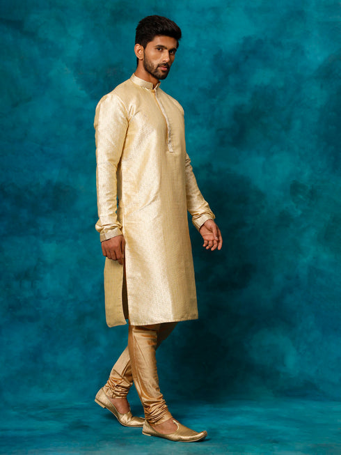 Vastramay Men's Gold And Rose Gold Silk Blend Kurta Pyjama Set