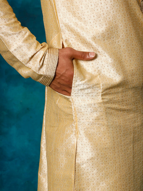 Vastramay Men's Gold And Rose Gold Silk Blend Kurta Pyjama Set