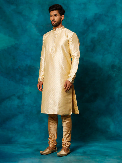 Vastramay Men's Gold And Rose Gold Silk Blend Kurta Pyjama Set