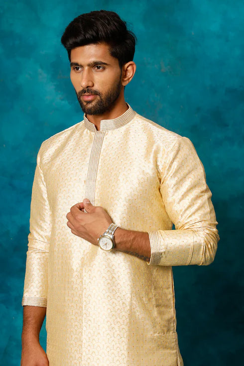 VASTRAMAY Men's Gold jacquard Kurta With Pyjama Set