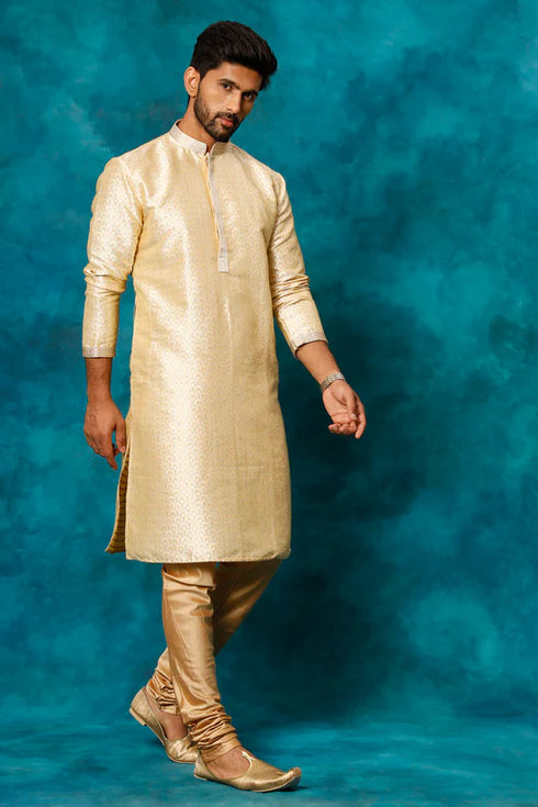 VASTRAMAY Men's Gold jacquard Kurta With Pyjama Set