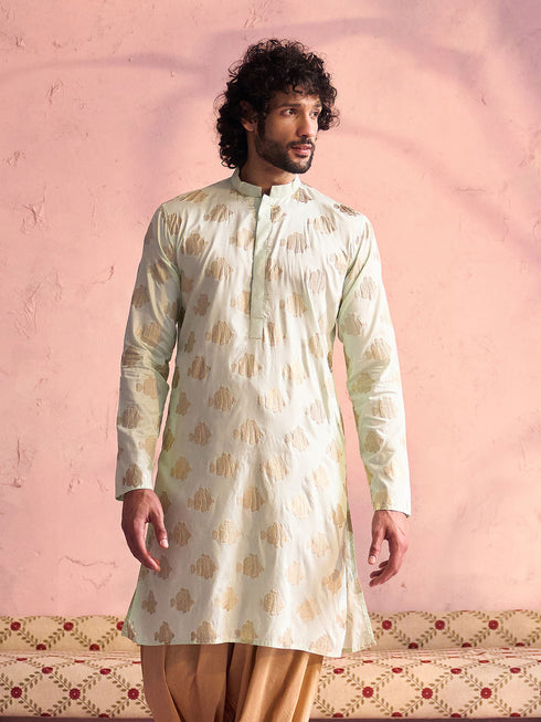 Vastramay Men's Mint Green Viscose Fish Motif Foil Print Kurta