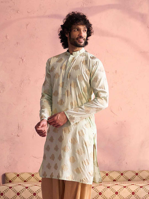 Vastramay Men's Mint Green Viscose Fish Motif Foil Print Kurta