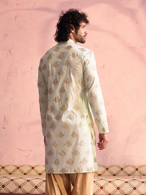 Vastramay Men's Mint Green Viscose Fish Motif Foil Print Kurta