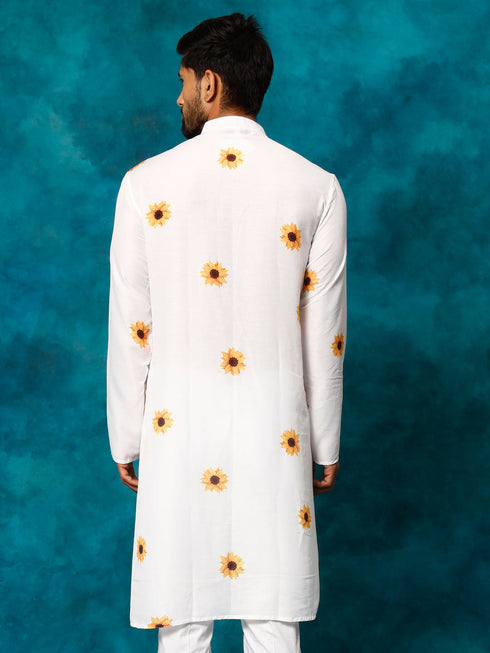 Vastramay Men's White Cotton Blend Sunflower Print Kurta