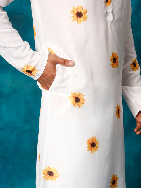 Vastramay Men's White Cotton Blend Sunflower Print Kurta