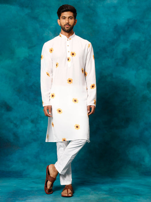 Vastramay Men's White Cotton Blend Sunflower Print Kurta Pant Set