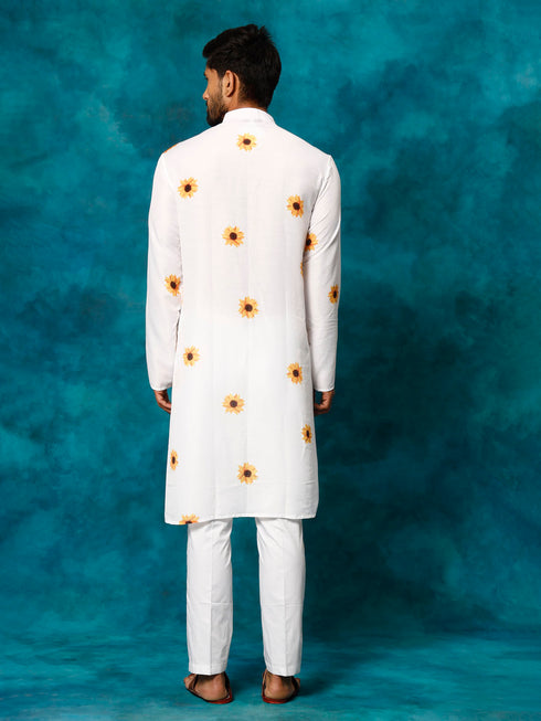 Vastramay Men's White Cotton Blend Sunflower Print Kurta Pant Set