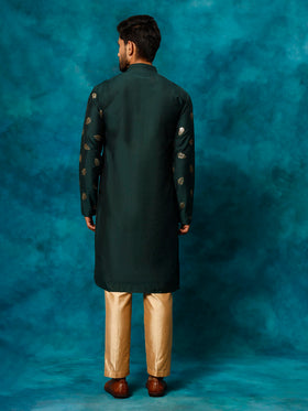 VASTRAMAY Men's Green Leaf Motif Embellished Kurta Pant Set