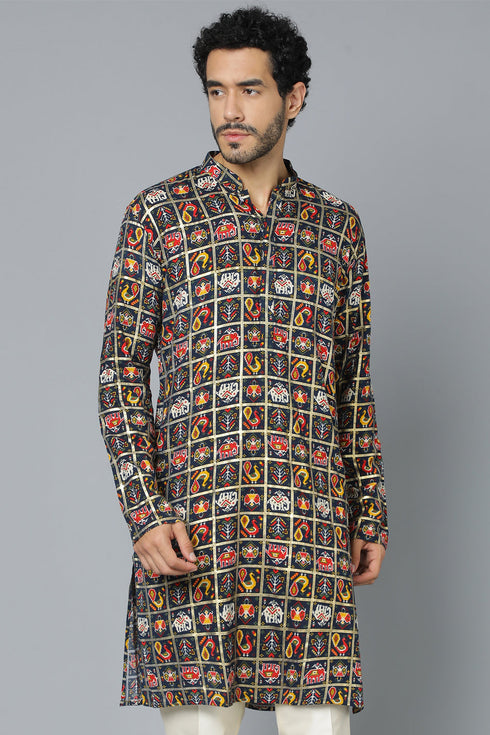 VASTRAMAY Men's Navy Blue Patola Print Ethnic kurta
