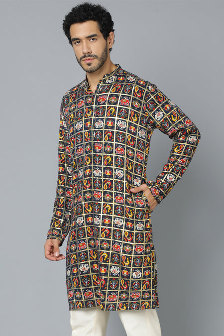 VASTRAMAY Men's Navy Blue Patola Print Ethnic kurta