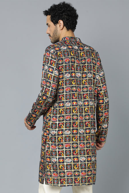 VASTRAMAY Men's Navy Blue Patola Print Ethnic kurta