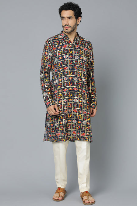 VASTRAMAY Men's Navy Blue Patola Print Ethnic kurta Pyjama Set