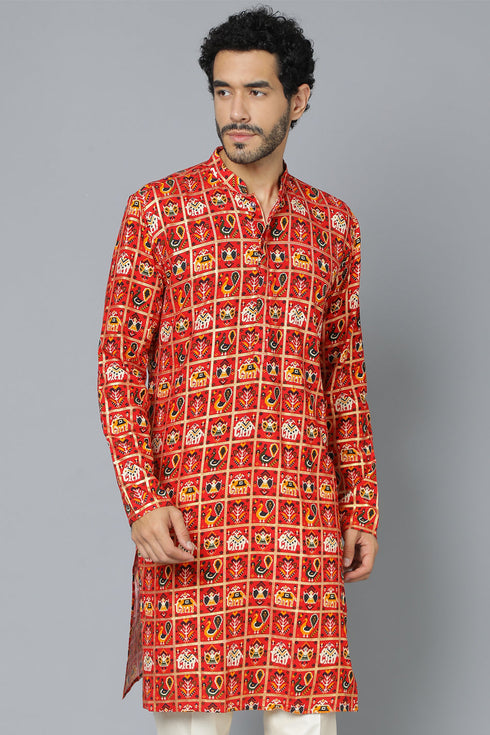 VASTRAMAY Men's Red Patola Print Ethnic kurta