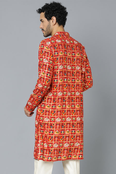VASTRAMAY Men's Red Patola Print Ethnic kurta