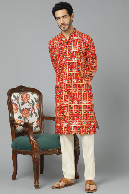 VASTRAMAY Men's Red Patola Print Ethnic kurta