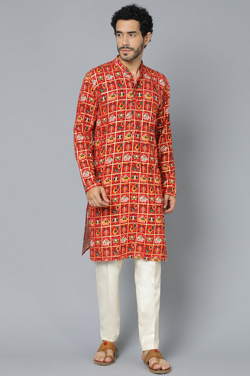 VASTRAMAY Men's Red Patola Print Ethnic kurta Pyjama Set