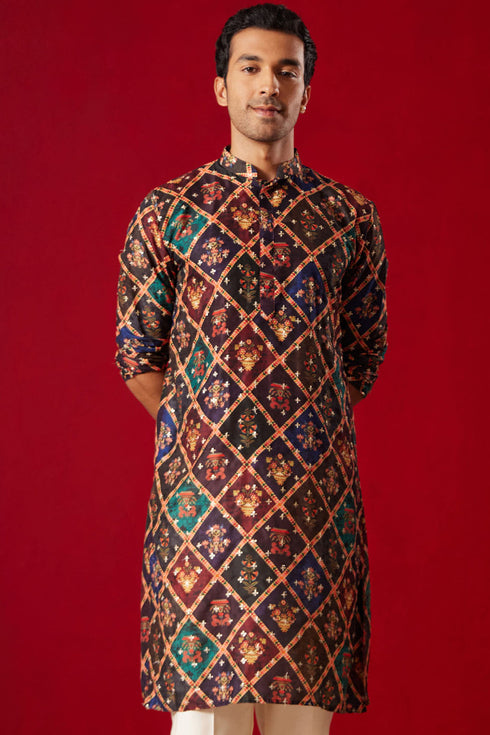 VASTRAMAY Purple Muslin Sequined Patola Printed Navratri Special Kurta
