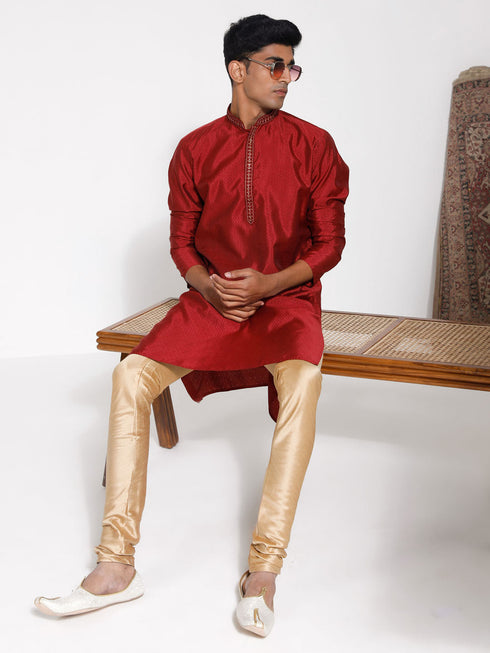 Vastramay Men's Maroon Silk Blend Kurta