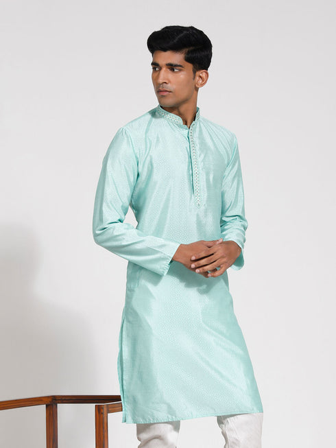 Vastramay Men's Mint Green Silk Blend Kurta