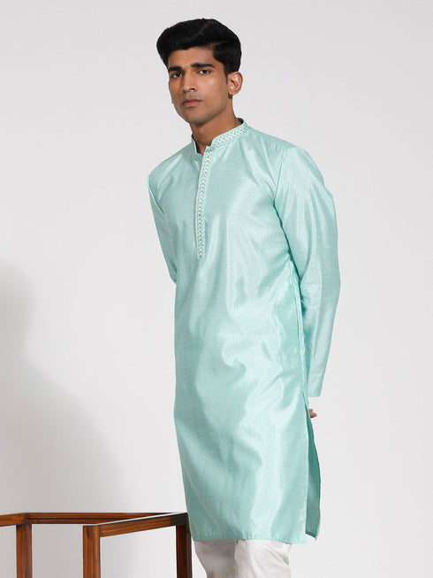 Vastramay Men's Mint Green Silk Blend Kurta