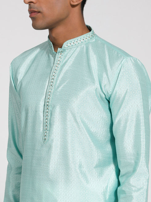 Vastramay Men's Mint Green Silk Blend Kurta