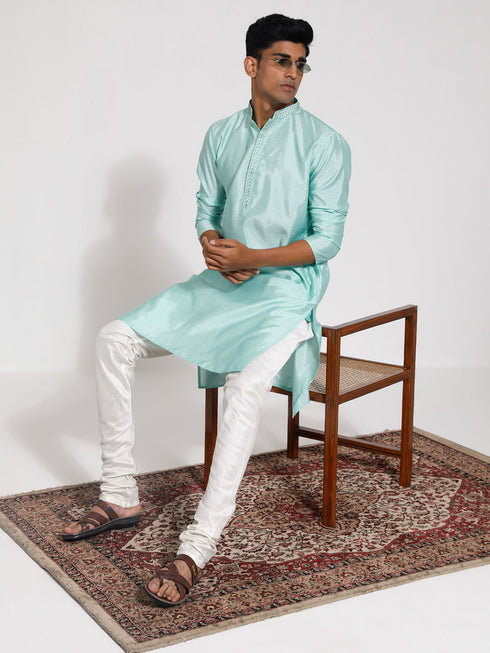 Vastramay Men's Mint Green Silk Blend Kurta