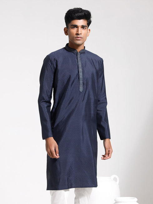 Vastramay Men's Navy Blue Silk Blend Kurta
