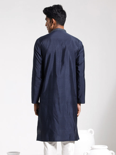 Vastramay Men's Navy Blue Silk Blend Kurta