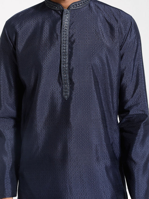 Vastramay Men's Navy Blue Silk Blend Kurta