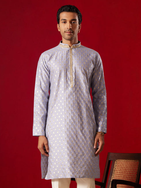 Vastramay Men's Aqua blue Silk Blend Jacquard Kurta