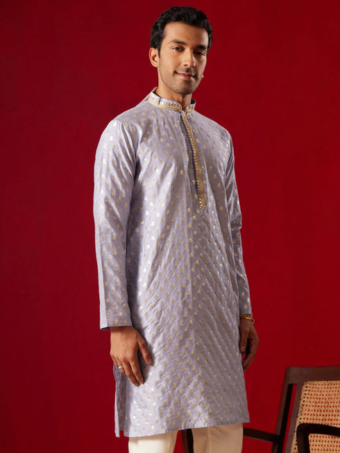 Vastramay Men's Aqua blue Silk Blend Jacquard Kurta