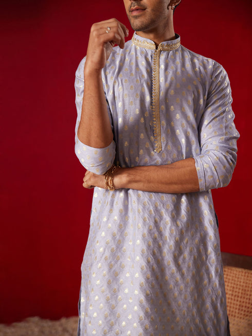 Vastramay Men's Aqua blue Silk Blend Jacquard Kurta