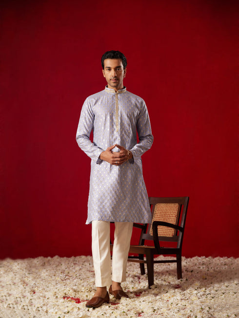 Vastramay Men's Aqua blue Silk Blend Jacquard Kurta