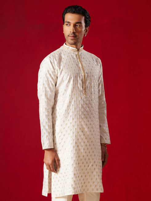Vastramay Men's Cream Silk Blend Jacquard Kurta
