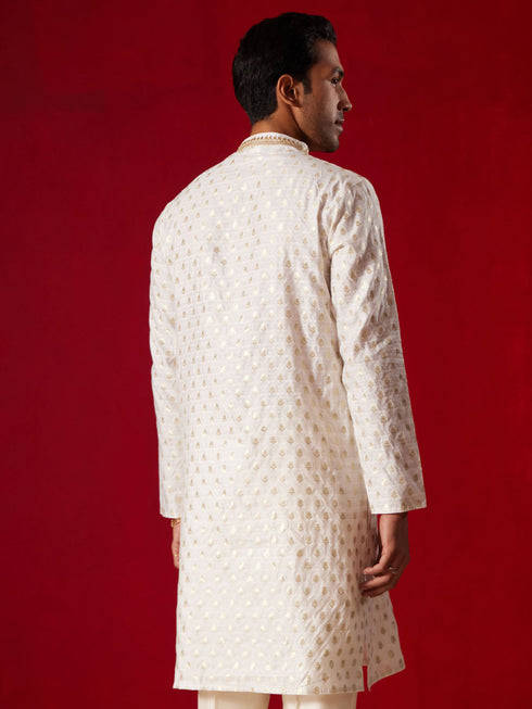 Vastramay Men's Cream Silk Blend Jacquard Kurta