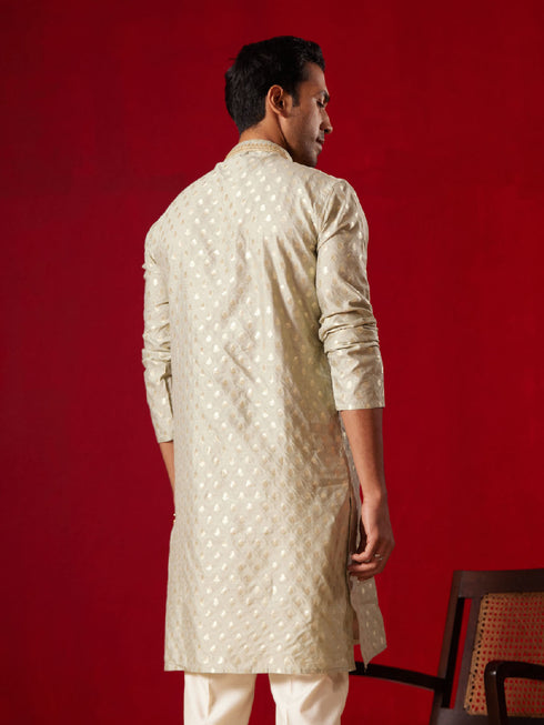 Vastramay Men's Green Silk Blend Jacquard Kurta