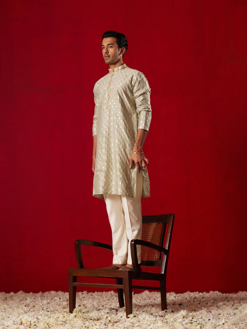 Vastramay Men's Green Silk Blend Jacquard Kurta
