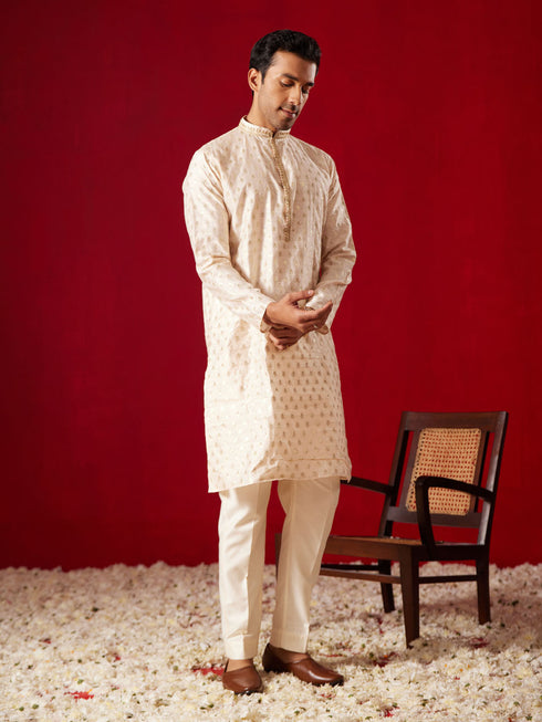 Vastramay Mens Peach Silk Blend Jacquard Kurta