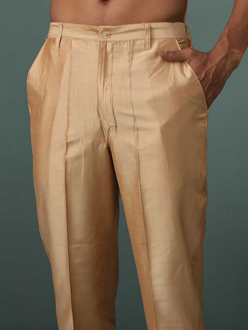 Vastramay Me's Gold Silk Blend Jacquard Kurta Pant Set