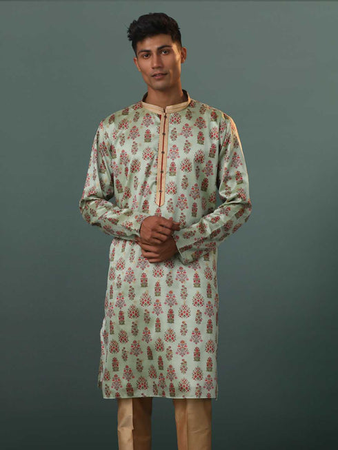 Vastramay Me's Aqua Silk Blend Floral Printed Kurta