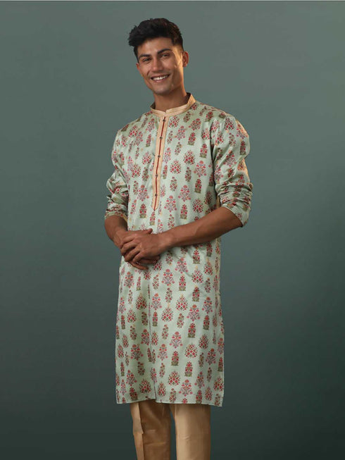 Vastramay Me's Aqua Silk Blend Floral Printed Kurta