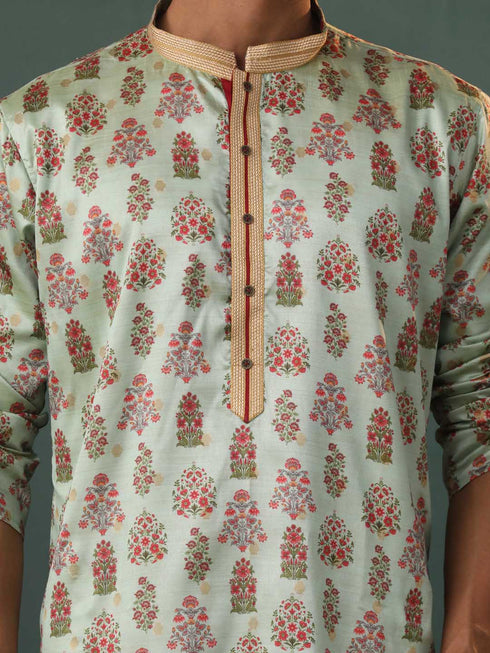 Vastramay Me's Aqua Silk Blend Floral Printed Kurta