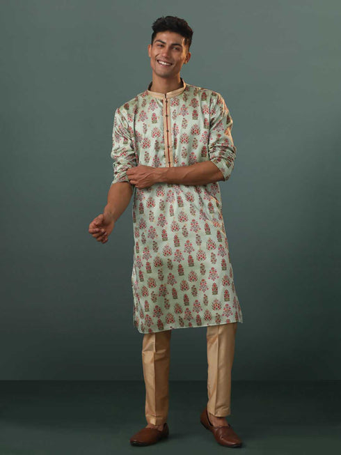 Vastramay Me's Aqua Silk Blend Floral Printed Kurta